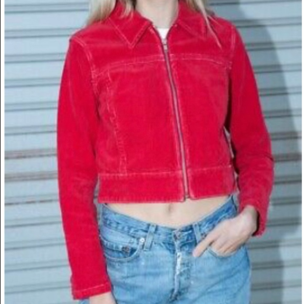 Red Cropped Brandy Melville Zip Up Denim Jacket